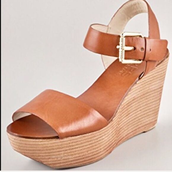 KORS MIchael Kors Leather Wedge Sandal Cognac 7 - Picture 1 of 8